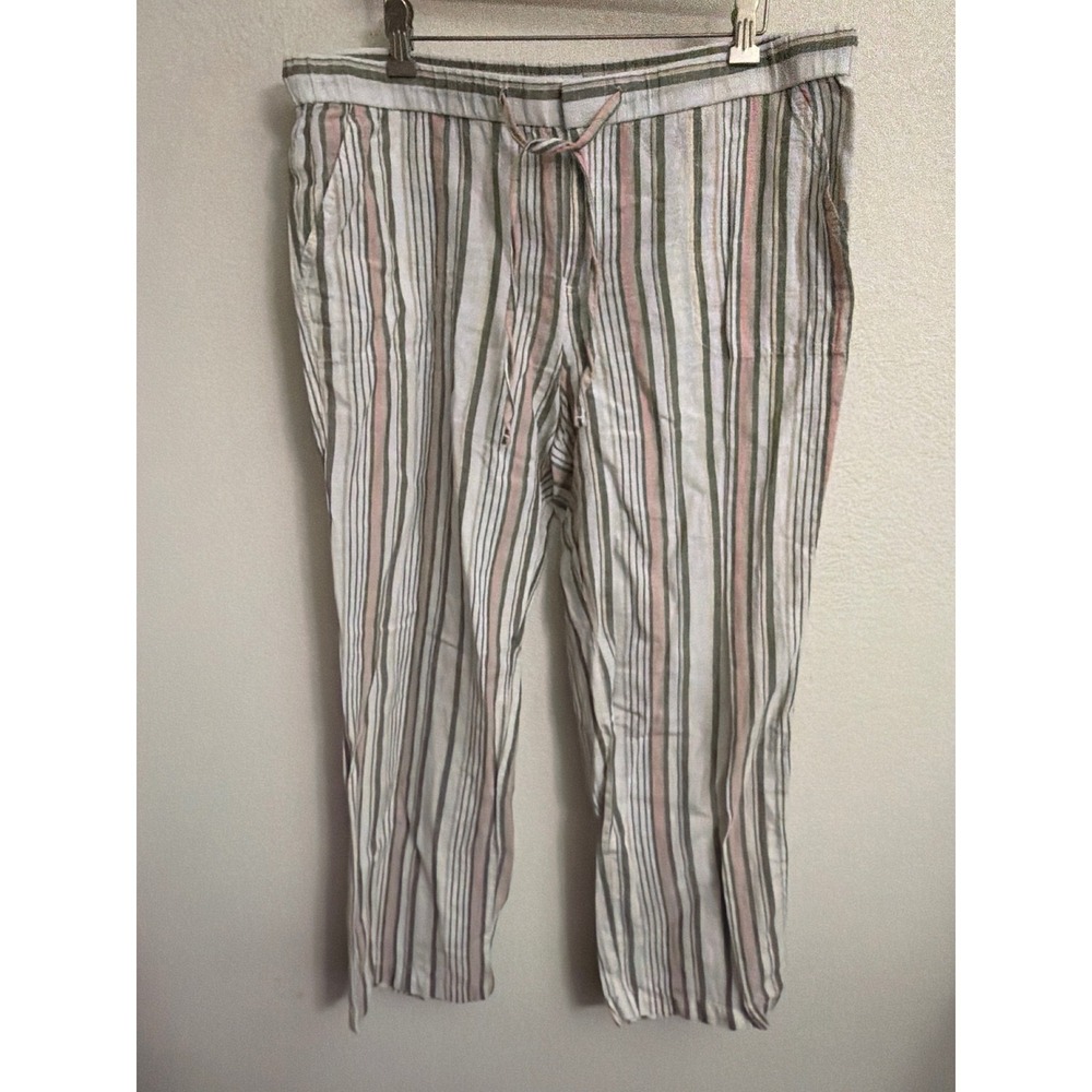 Liz Claiborne‎ Petite Striped Linen Blend Drawstring Pants Pink Green White PL